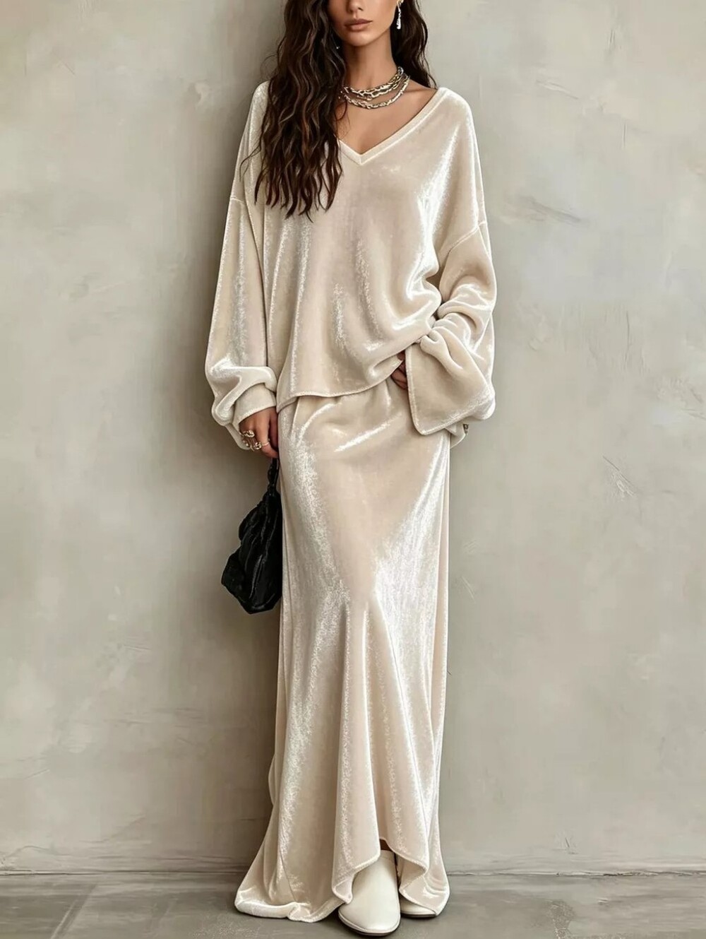 V-Neck Velvet Long Sleeve Top and Maxi Skirt Two-Piece Set